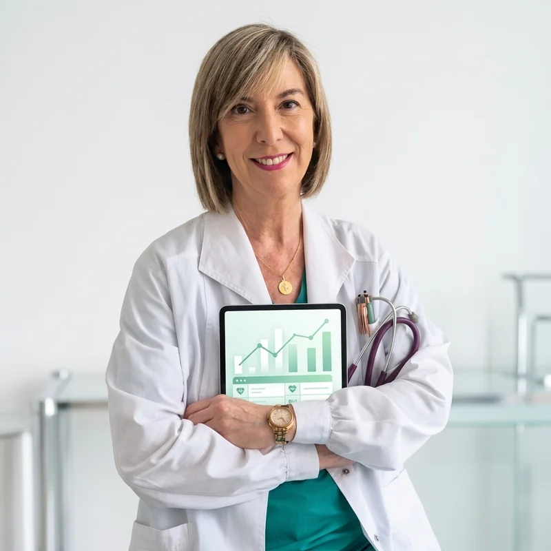 Médica con tableta mostrando datos de salud